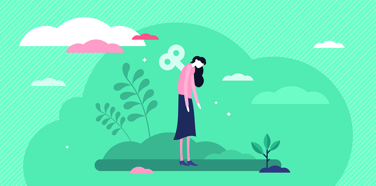 illustration of a woman with low energy, bent over with a wind up tool in her back