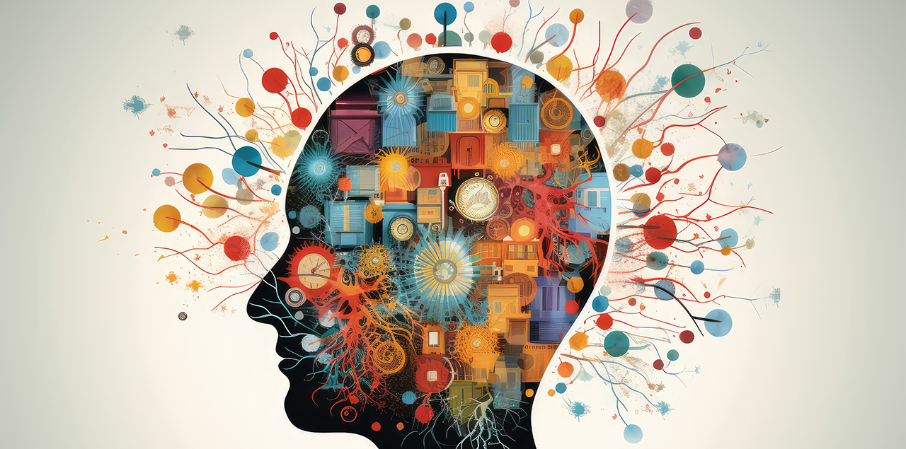 Colorful shapes and squiggles emanating from the silhouette of the profile of a head.