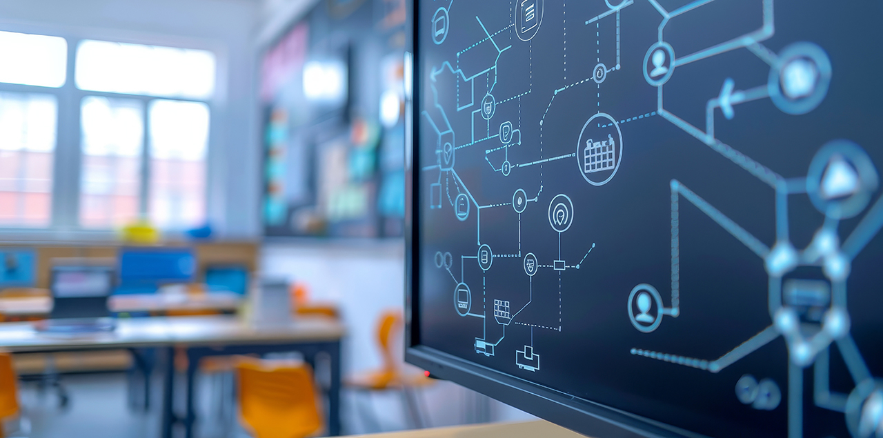 An poster in a classroom showing a basic network topology diagram with labeled components for student learning.