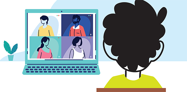 drawing of young student sitting in front of a laptop