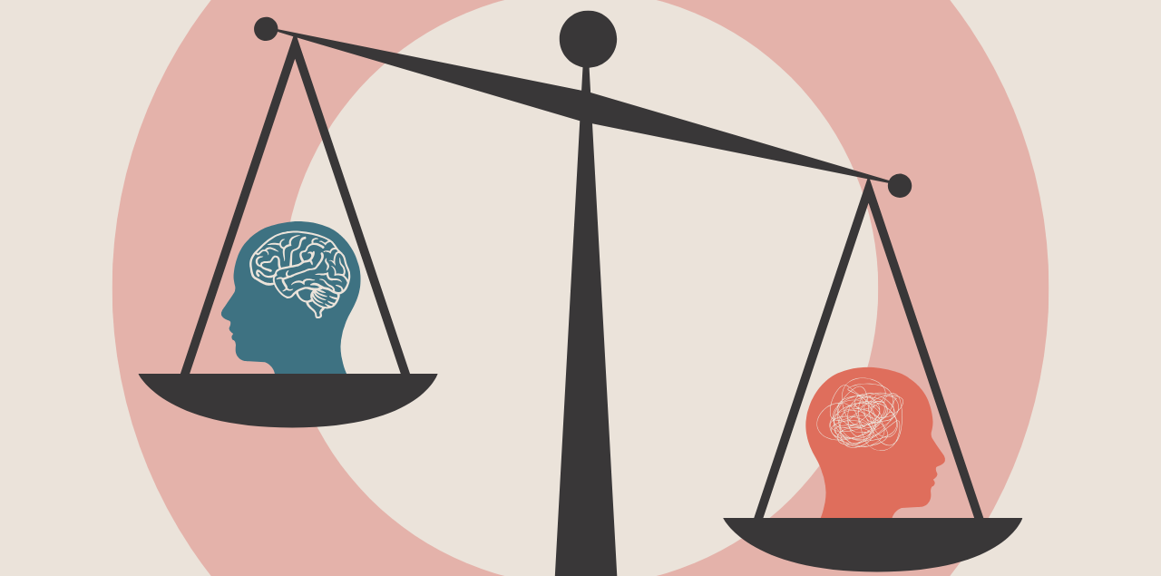 A scale balancing two head silhouettes, one with a scrambled thoughts and one with a regular brain.