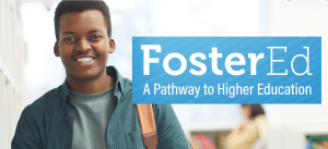 Young black man next to banner FosterEd A Pathway to Higher Education