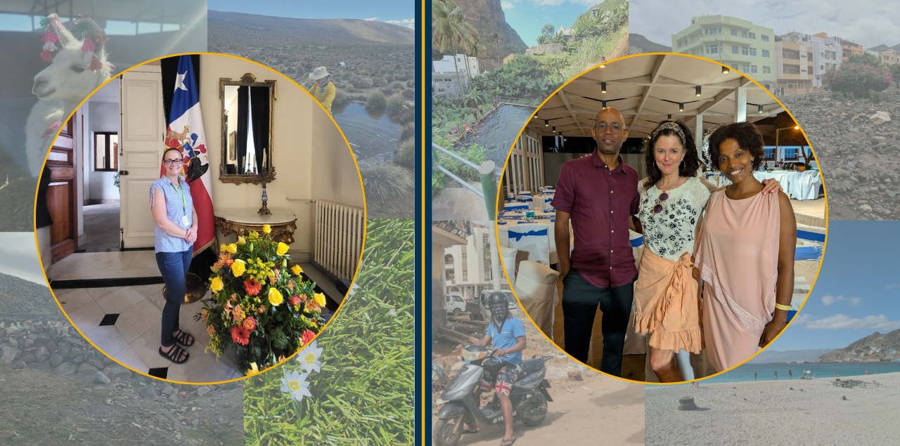 Two pictures of Sharon Bywater-Reyes and Karen Barton overlaid on top of a collage of images from Chile and Cabo Verde